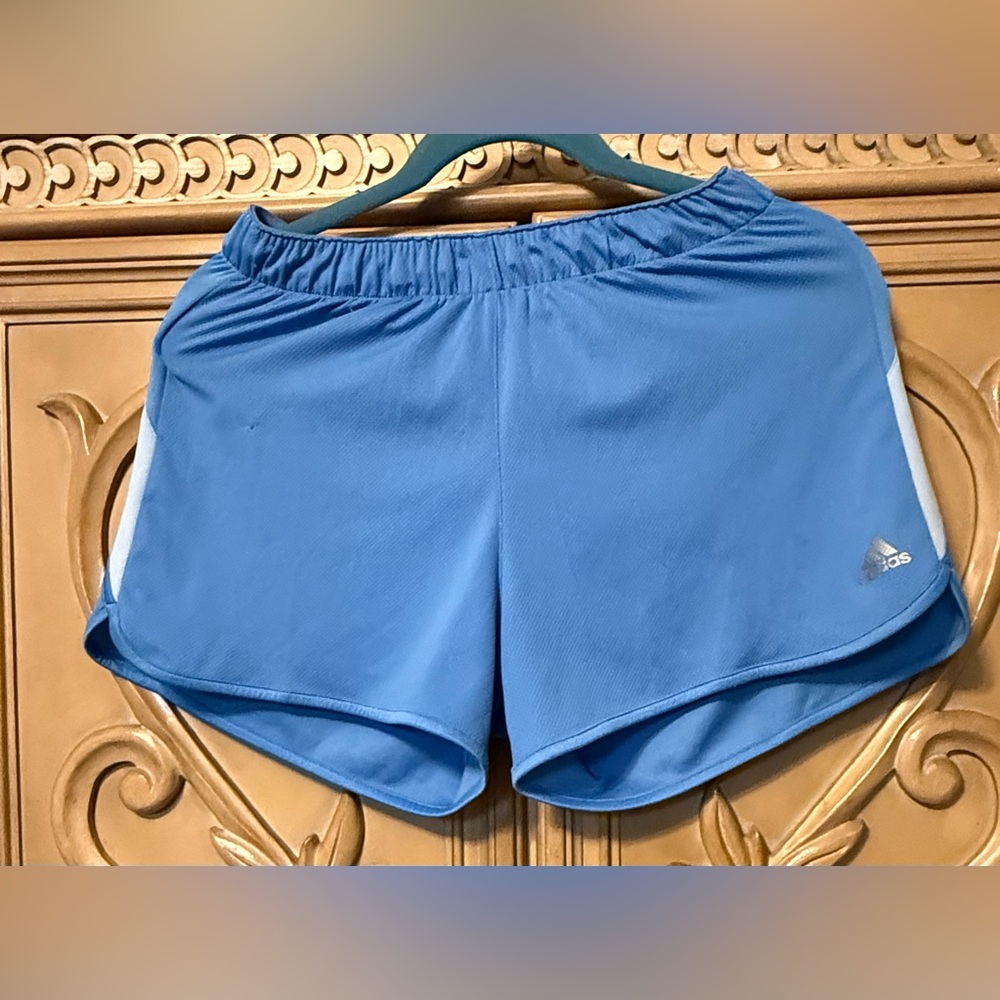 Adidas Athletic Shorts in blue & white sz xsmall guc elastic waist & drawstring